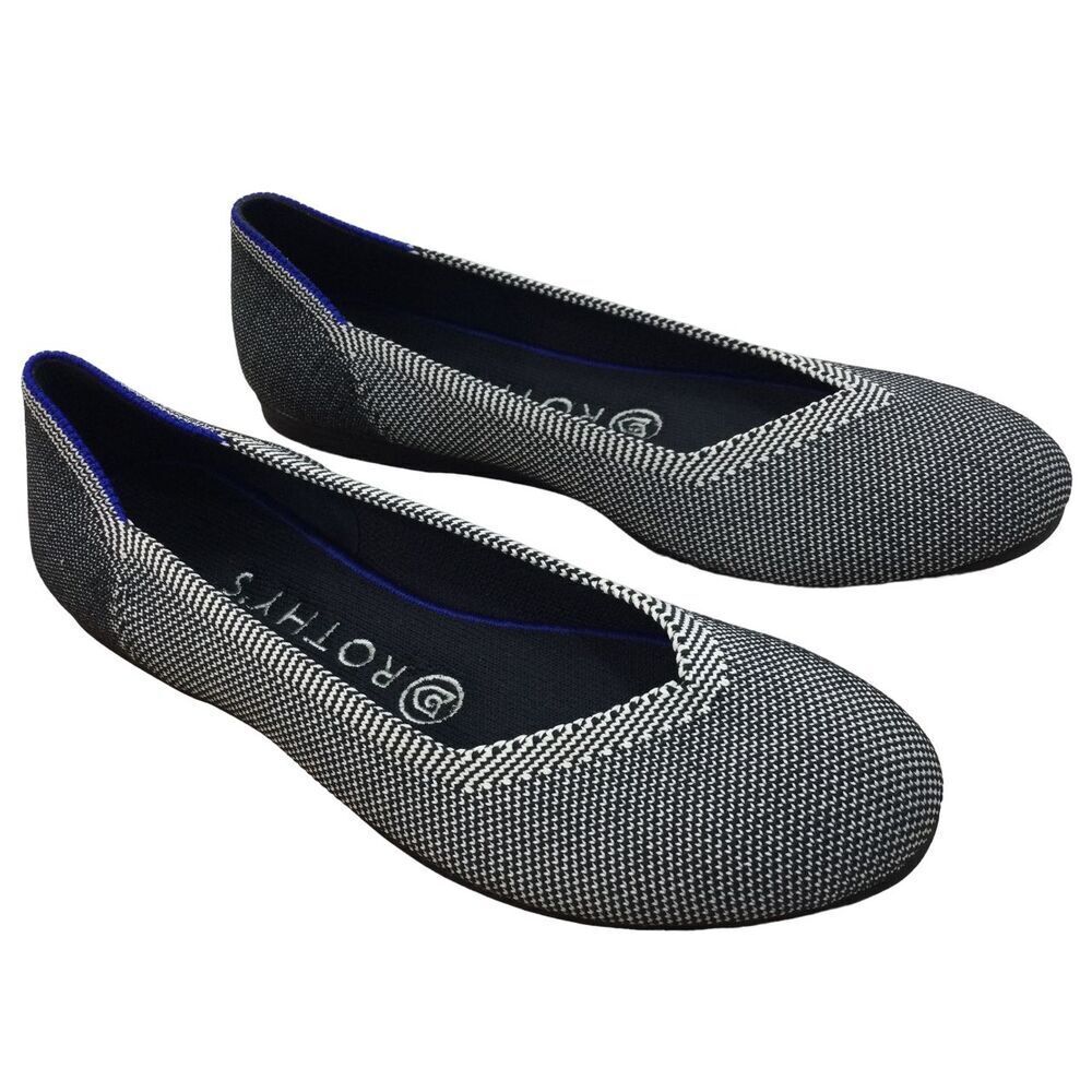 Rothy's The Flat Round Toe Women Slip On Ballet Flat Shoes Black White Size 7 US